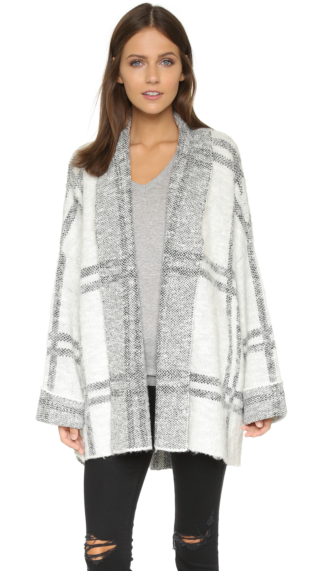 Free People Windowpane Cardigan Jacket  Ivory Combo in 