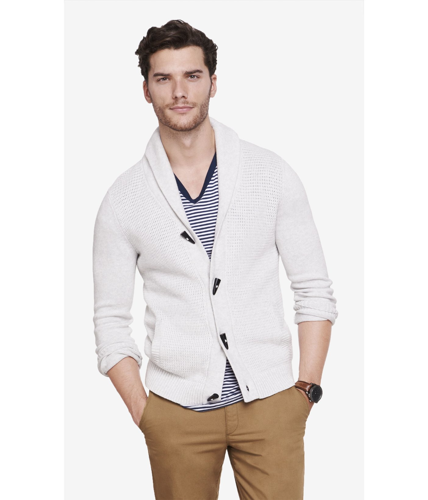 Express Mixed Stitch Shawl Collar Toggle Cardigan in White for Men | Lyst