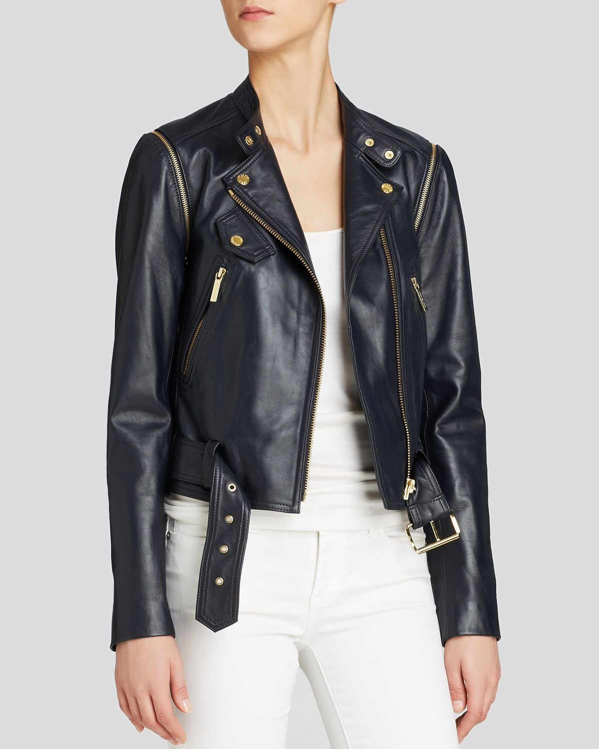 MICHAEL Michael Kors Convertible Leather Moto Jacket in Blue - Lyst