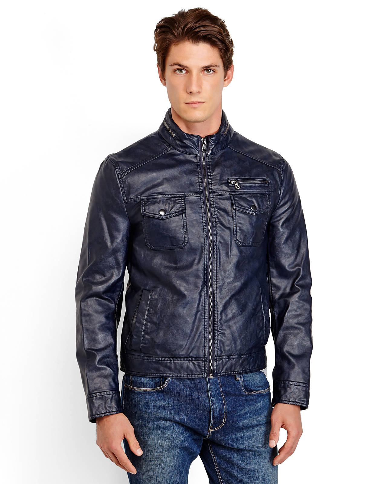 Kenneth Cole Reaction Blue Faux Leather Moto Jacket For Men