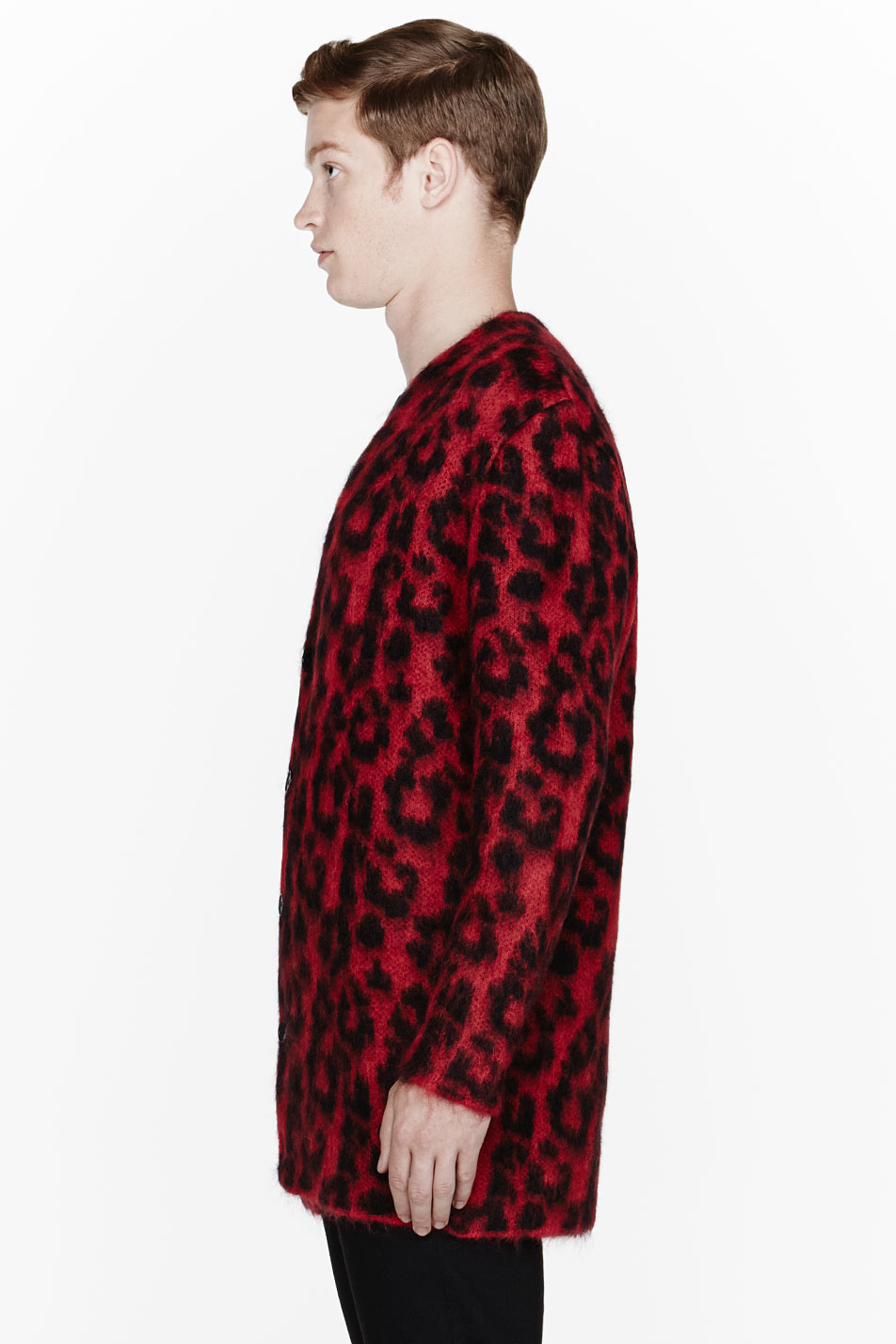 Saint Laurent Red Leopard Print Mohair Cardigan for Men - Lyst
