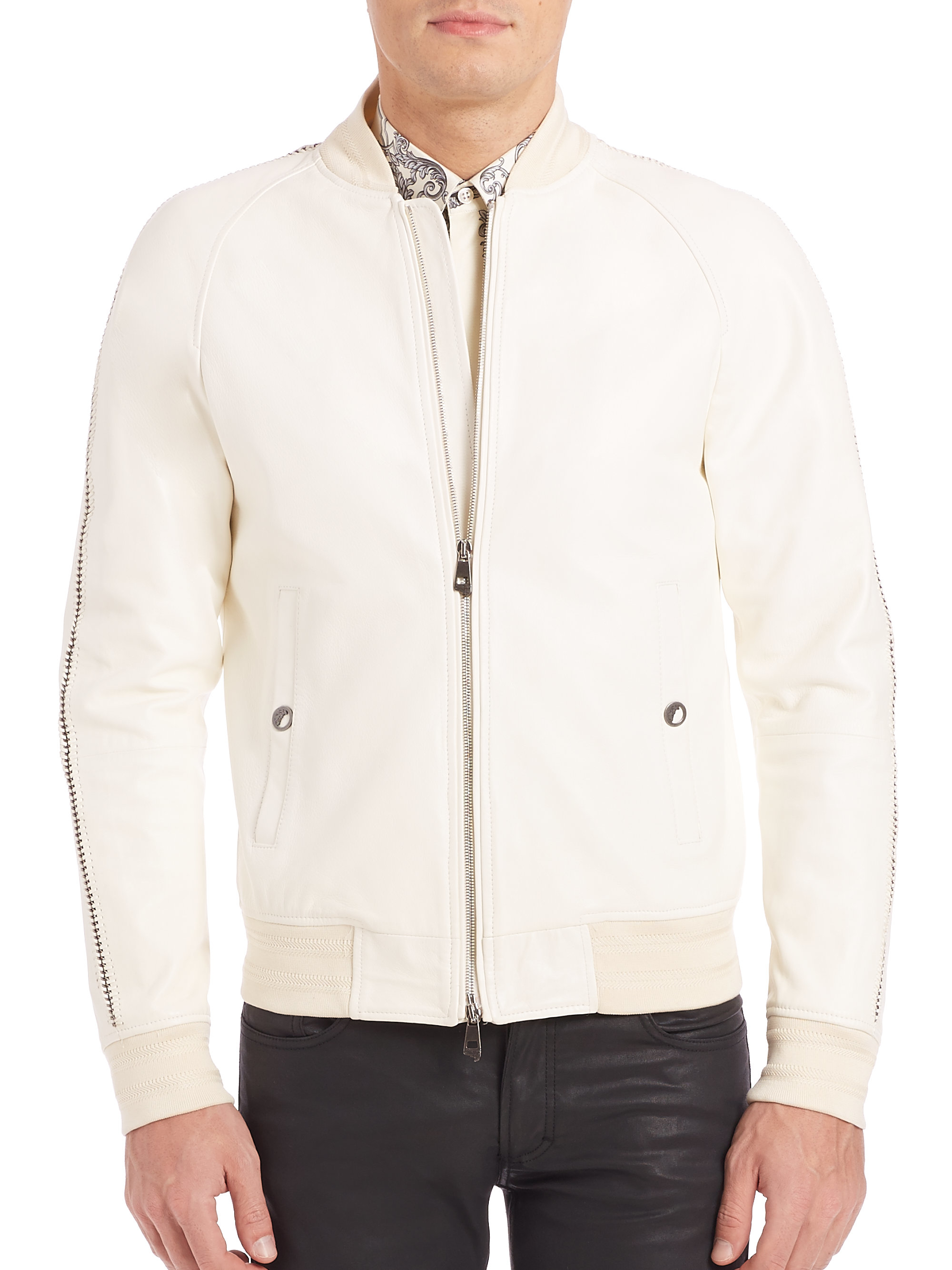 Versace Stitched Leather Bomber Jacket in White for Men Lyst