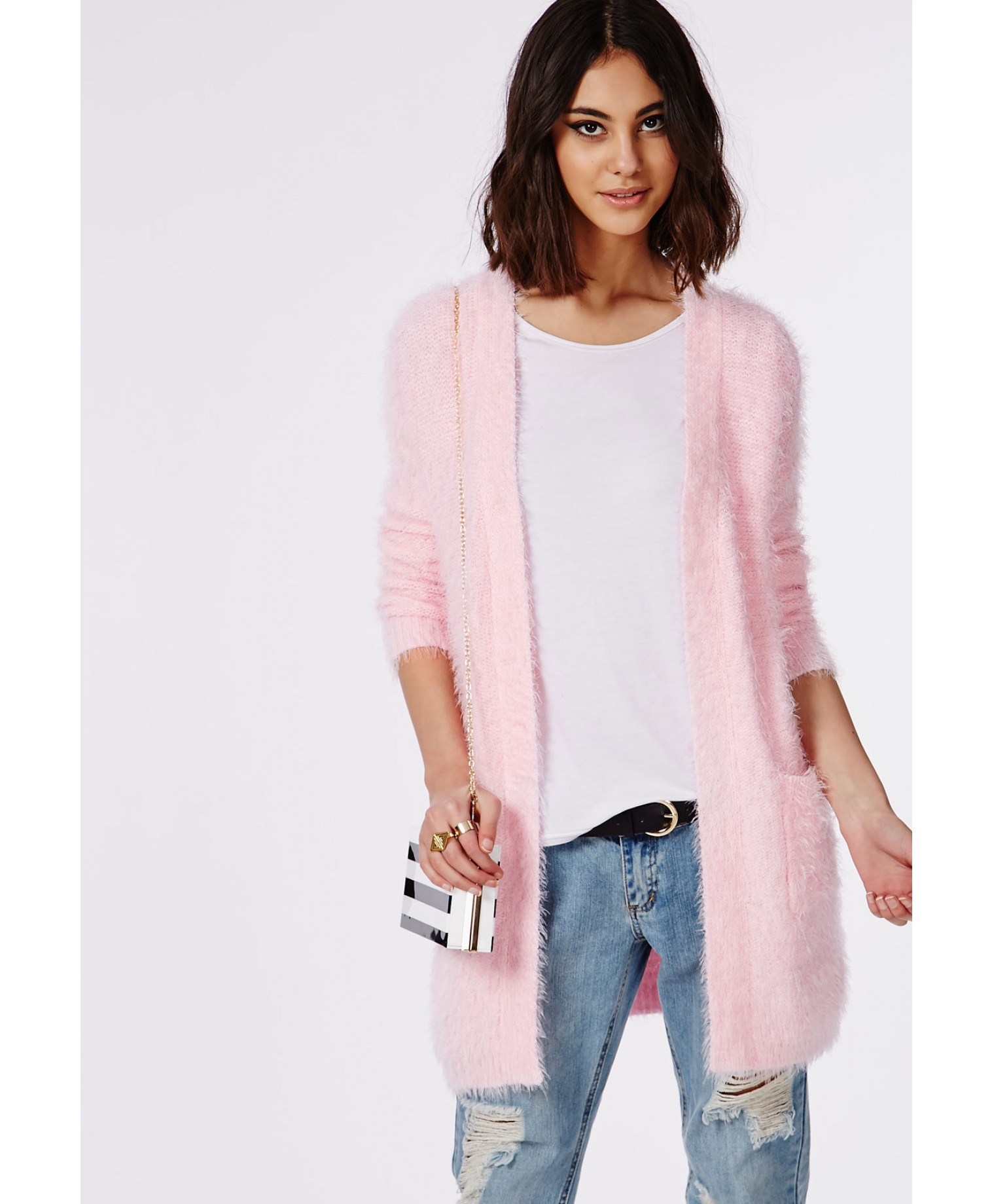 Missguided Ceris Knitted Fluffy Cardigan Baby Pink - Lyst