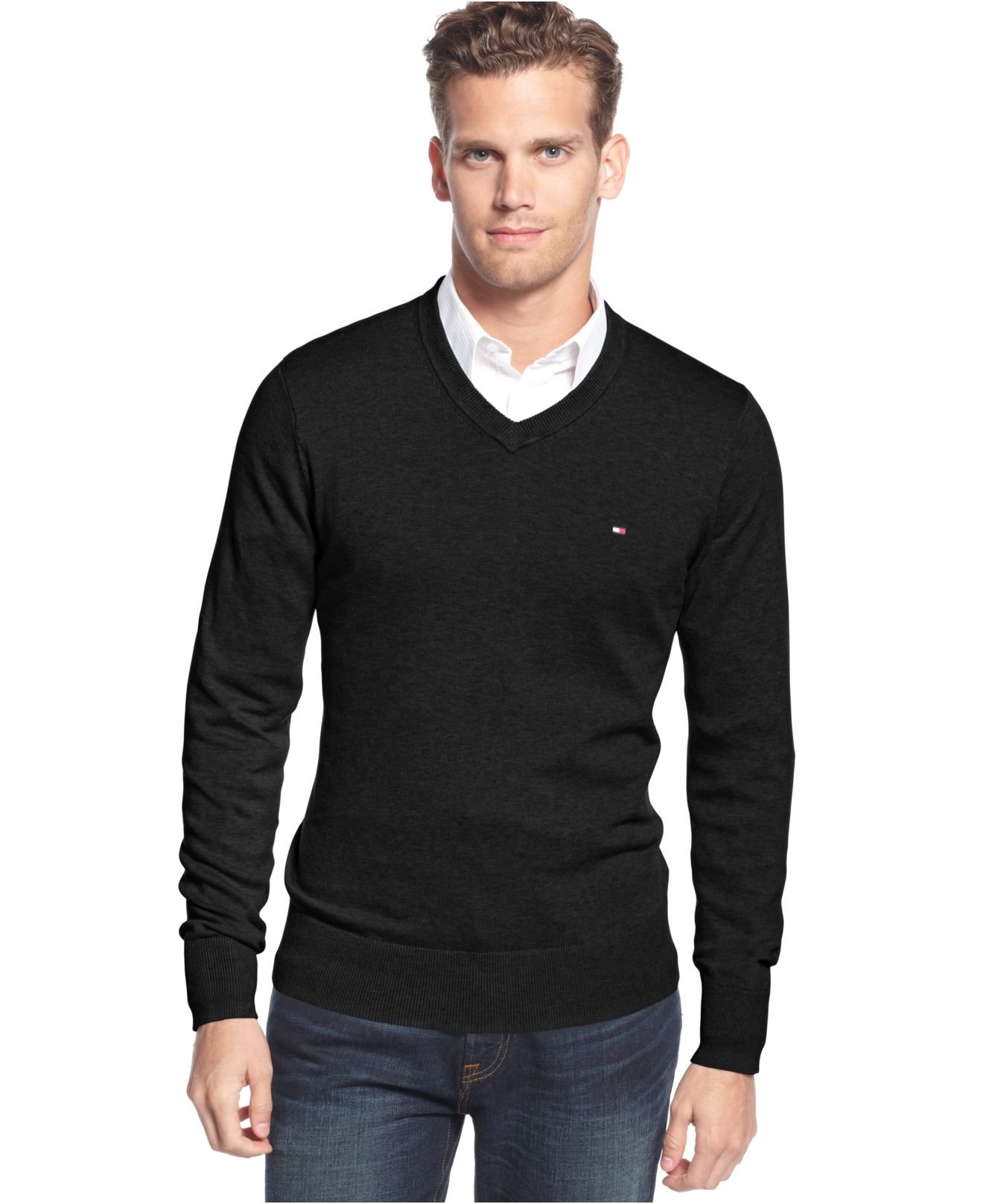 Tommy hilfiger Signature V-neck Sweater in Black for Men | Lyst