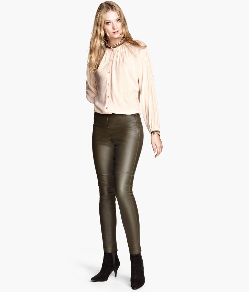 green faux leather trousers