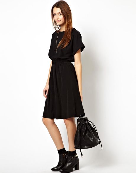 Asos Midi Skater Dress with Textured Tshirt in Black | Lyst