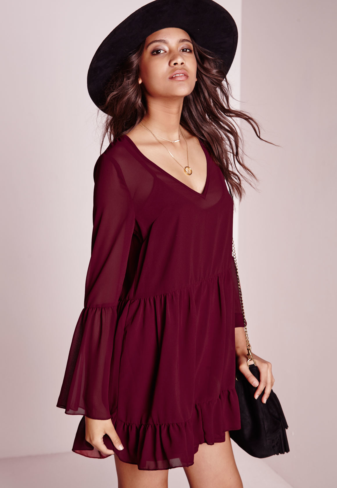 Missguided Chiffon Bell Sleeve Swing Dress Burgundy in Red - Lyst