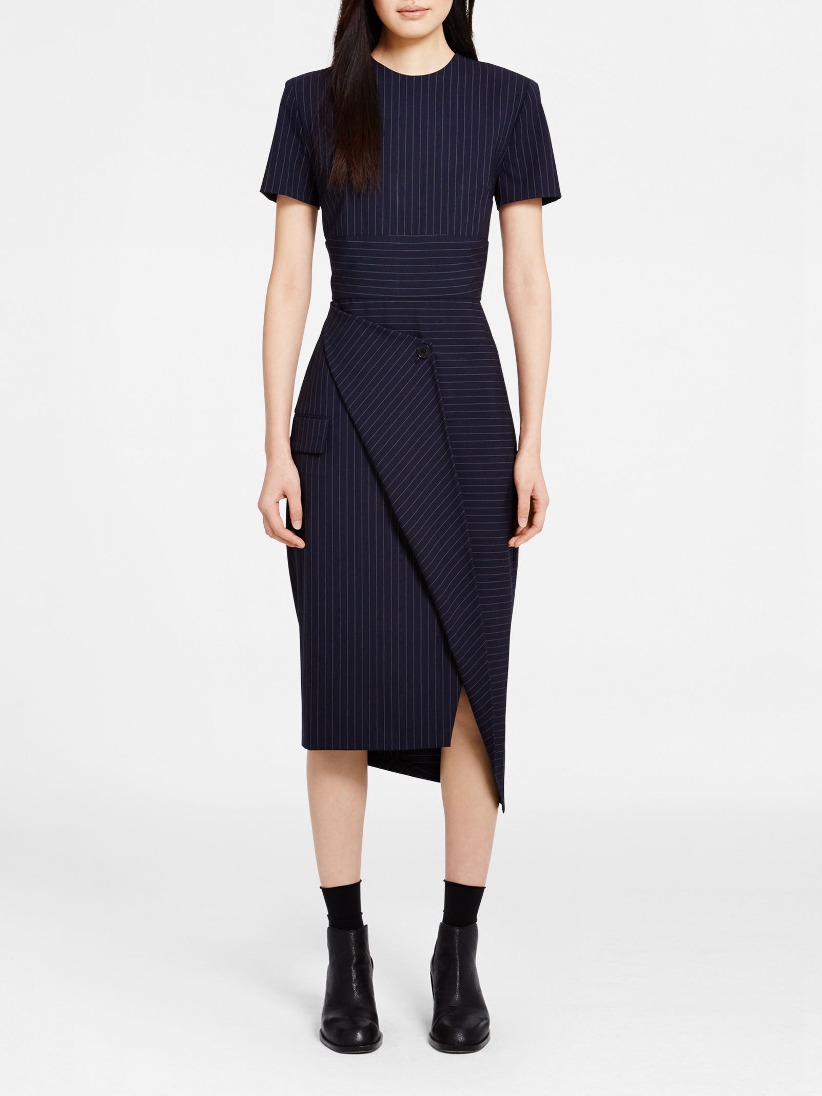 DKNY Wool Pinstripe Wrap Dress in Black 