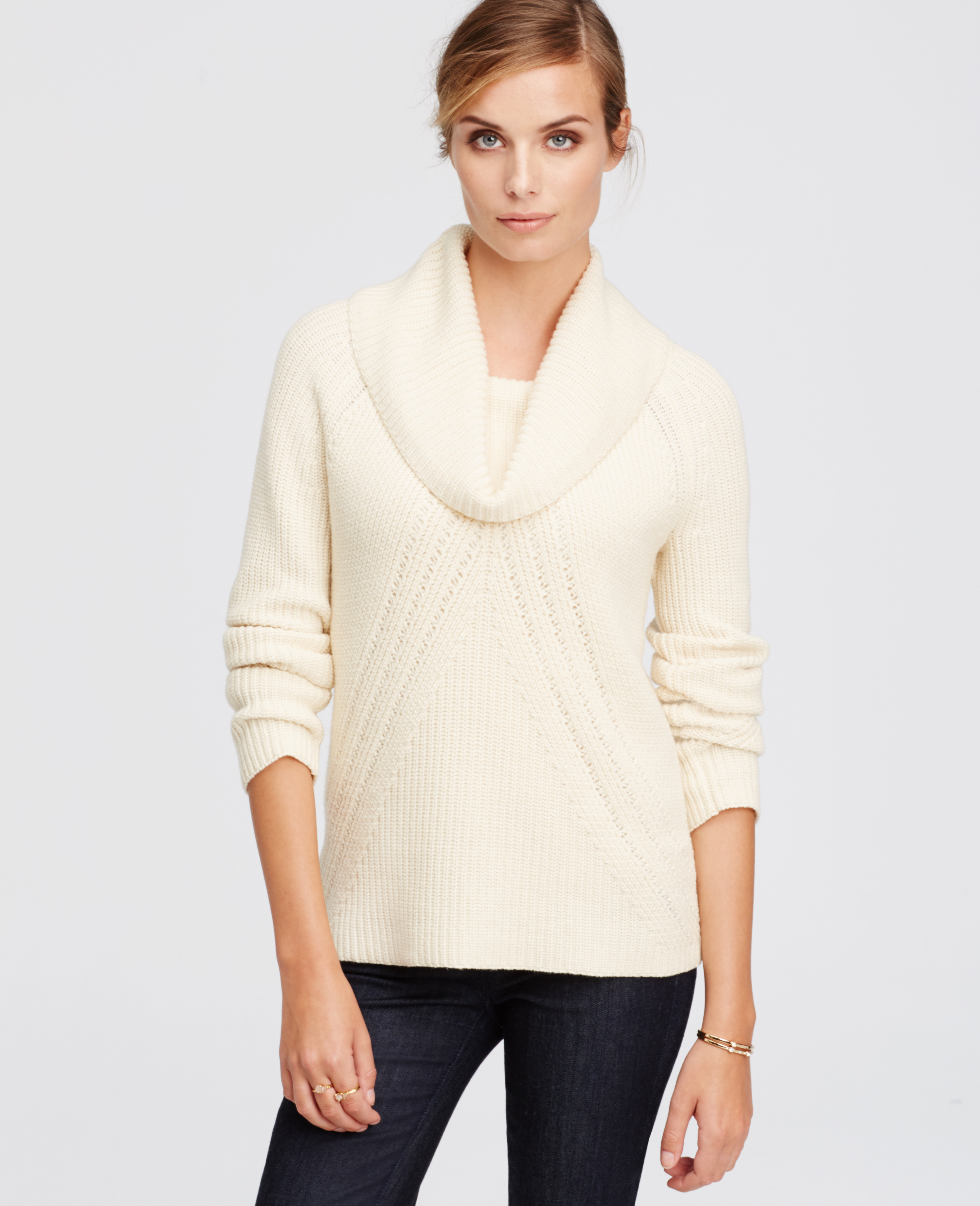 Ann taylor Petite Cowl Neck Sweater in White | Lyst