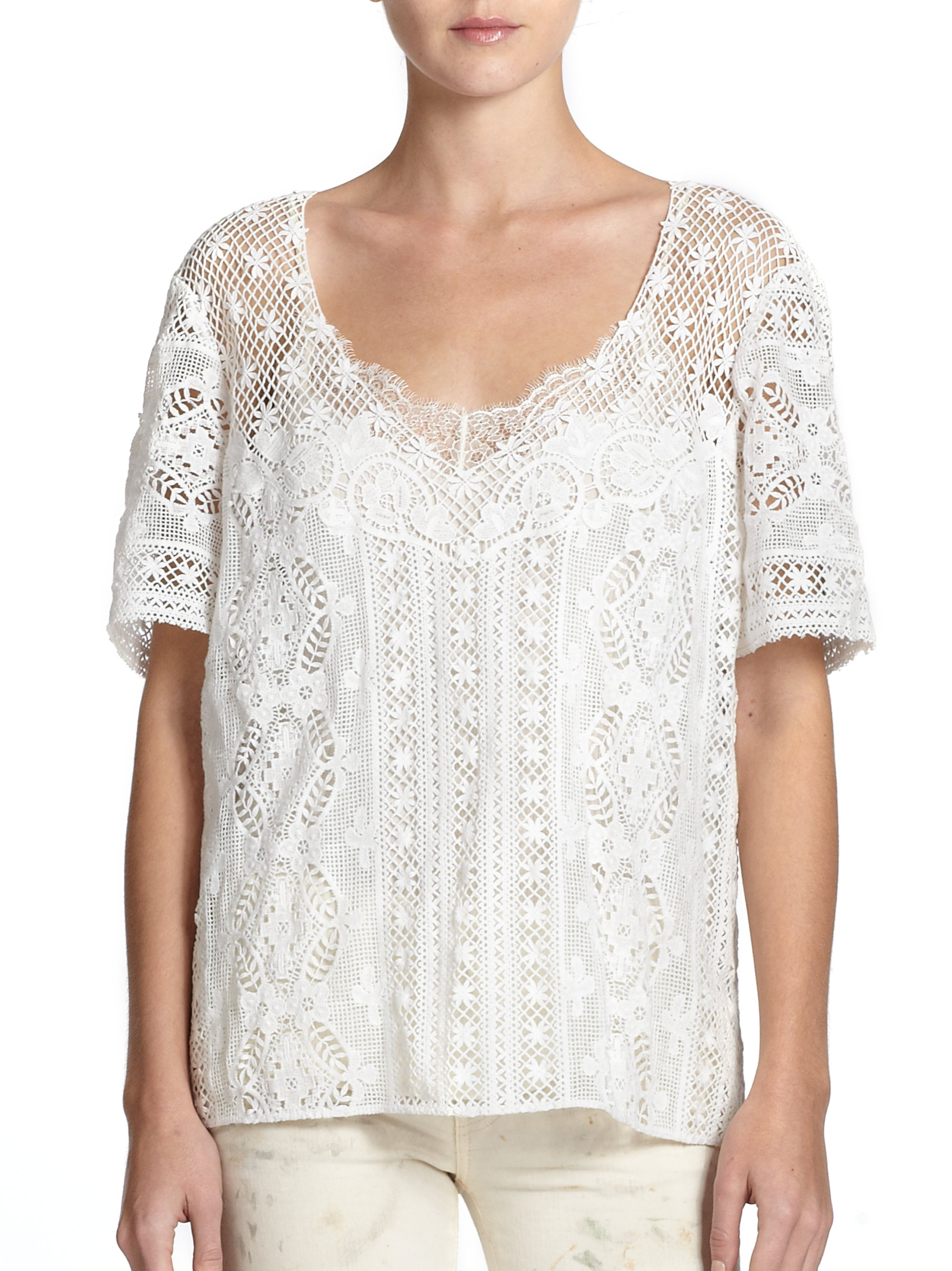 Lyst Polo Ralph Lauren Floral Lace Vneck Top in Natural