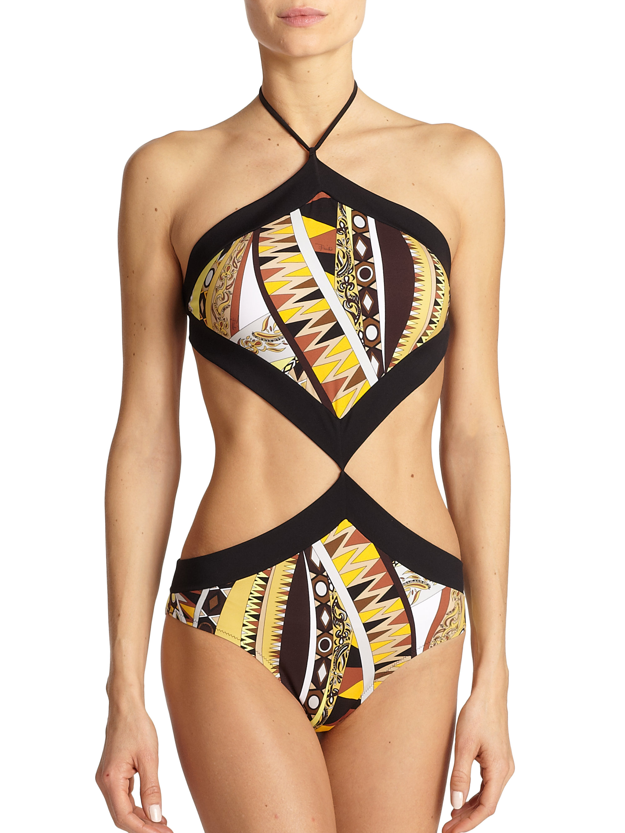 Lyst Emilio Pucci One Piece Cutout Detail Printed Swimsuit In Yellow