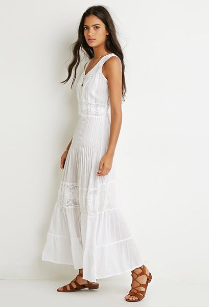 Forever 21 Raga Pintucked Embroidery Maxi Dress in White