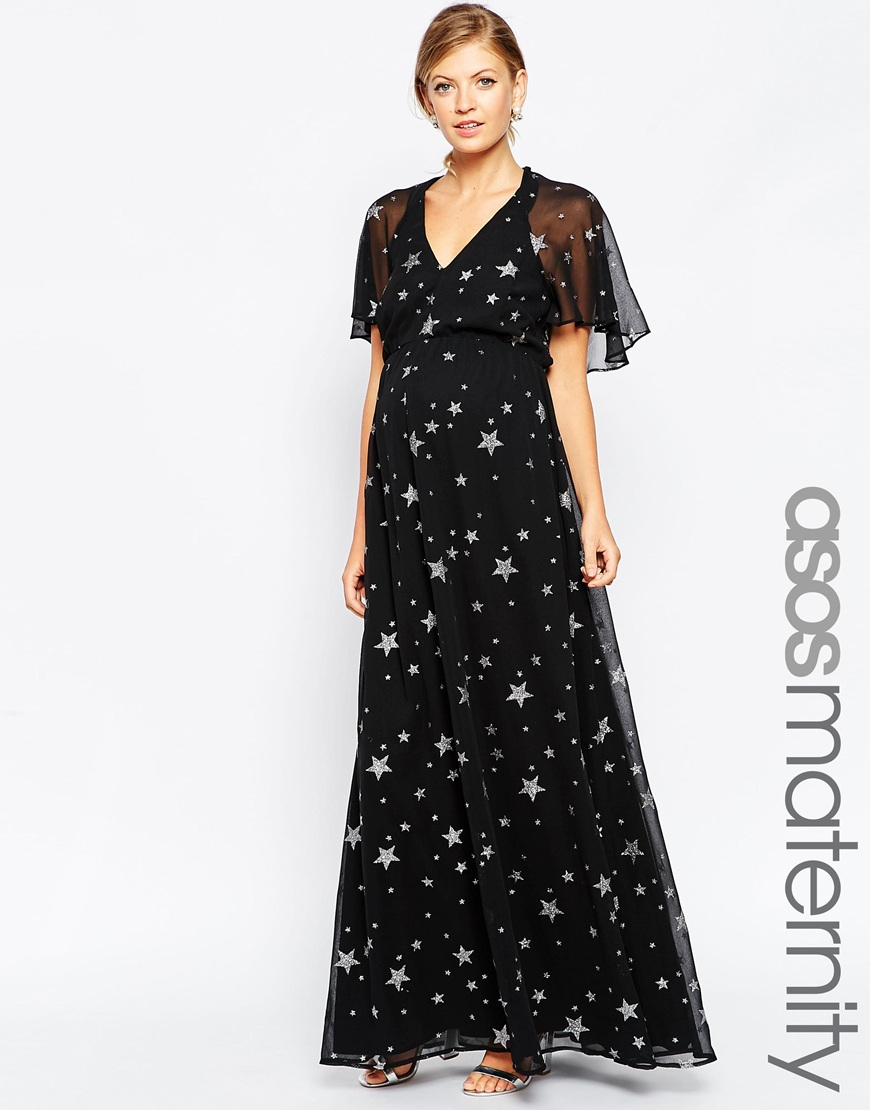 ASOS Chiffon Flutter Sleeve Maxi Dress In Star Print in Black - Lyst