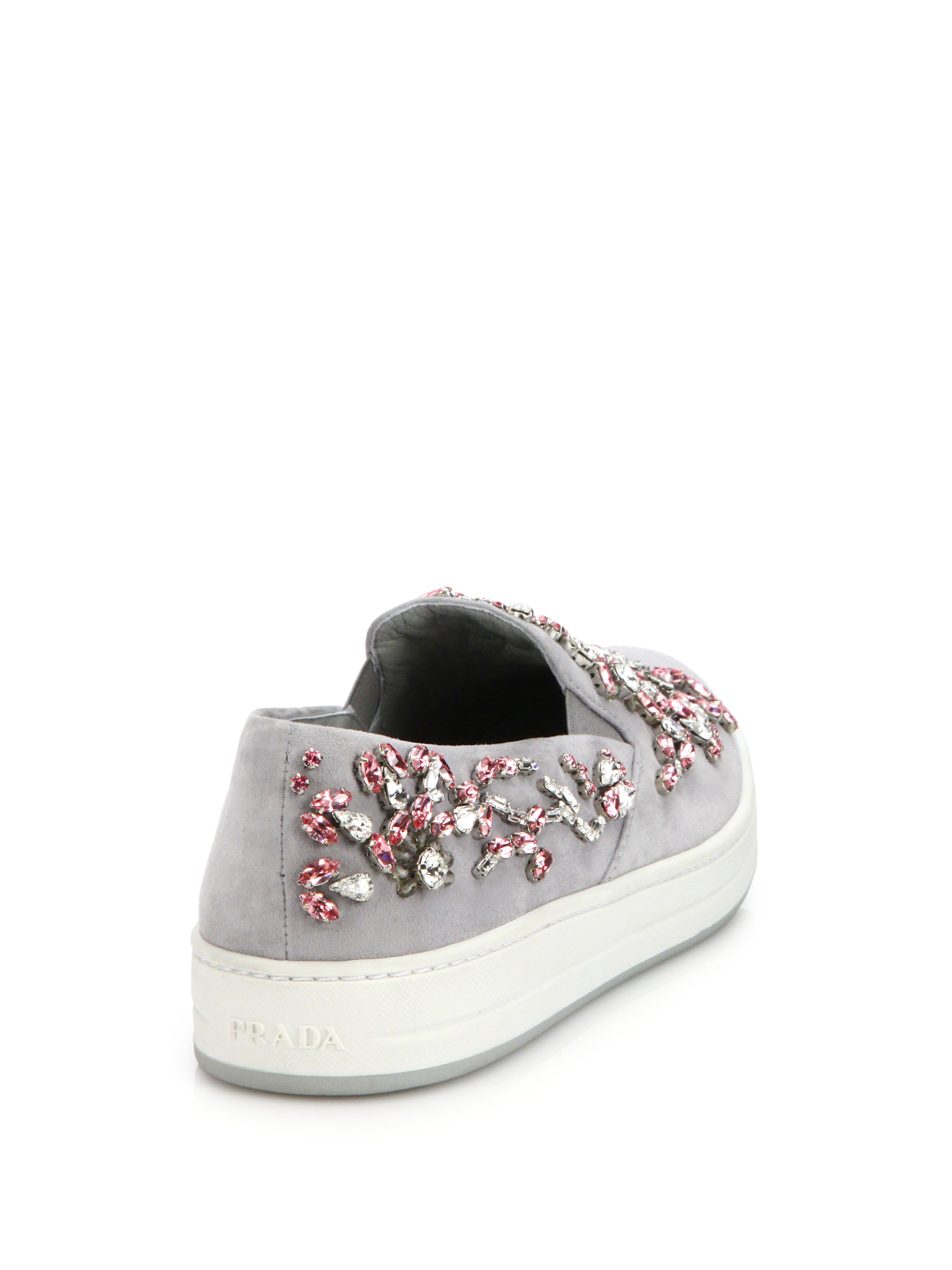 Prada Jeweled Suede Slip-on Sneakers in Grey (Pink) - Lyst
