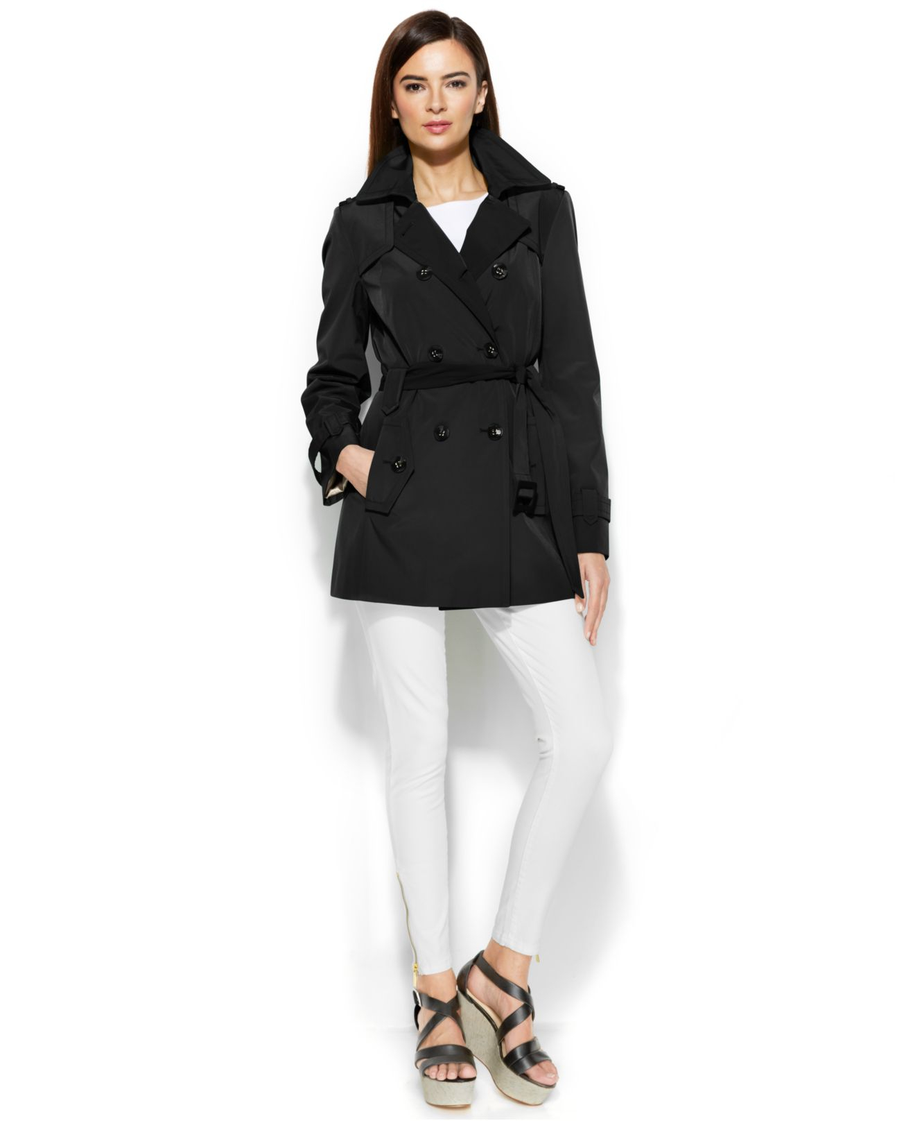 Calvin klein Petite DoubleBreasted Belted Trench Coat in Black Lyst