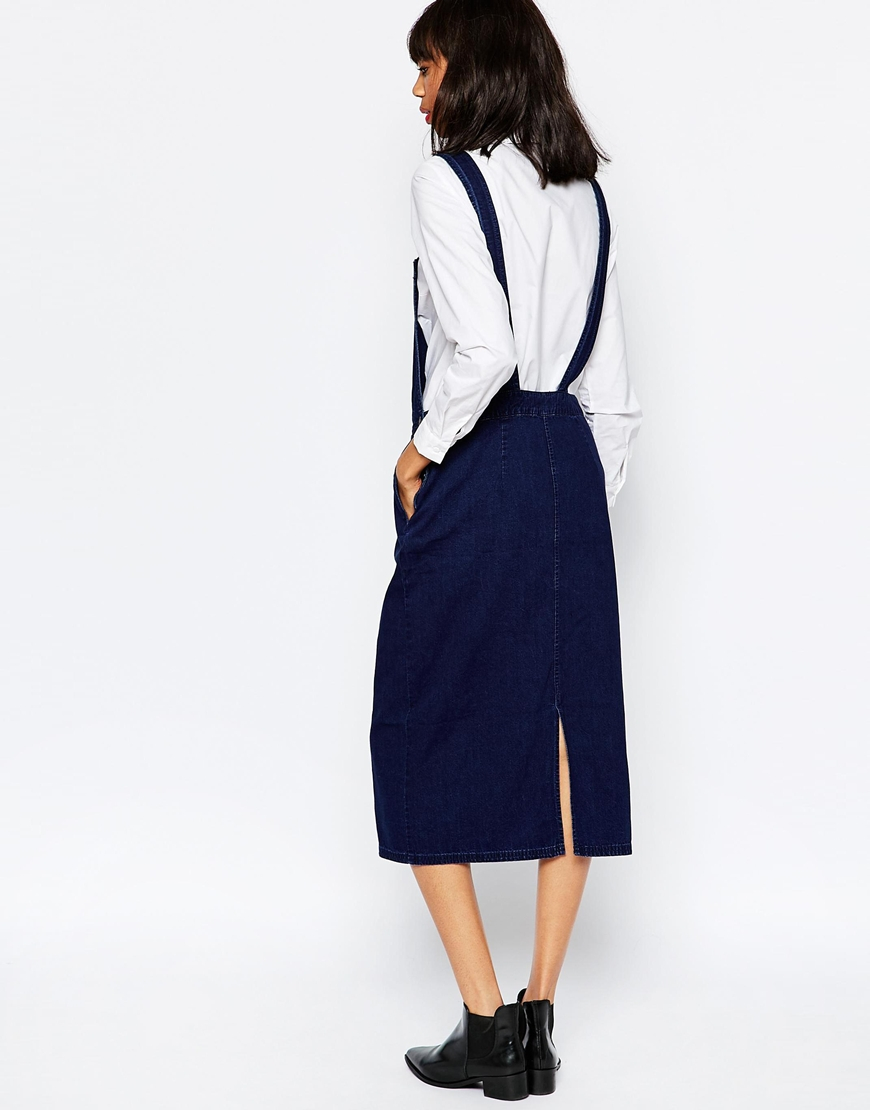 Monki Denim Dungaree Midi Dress in Blue | Lyst