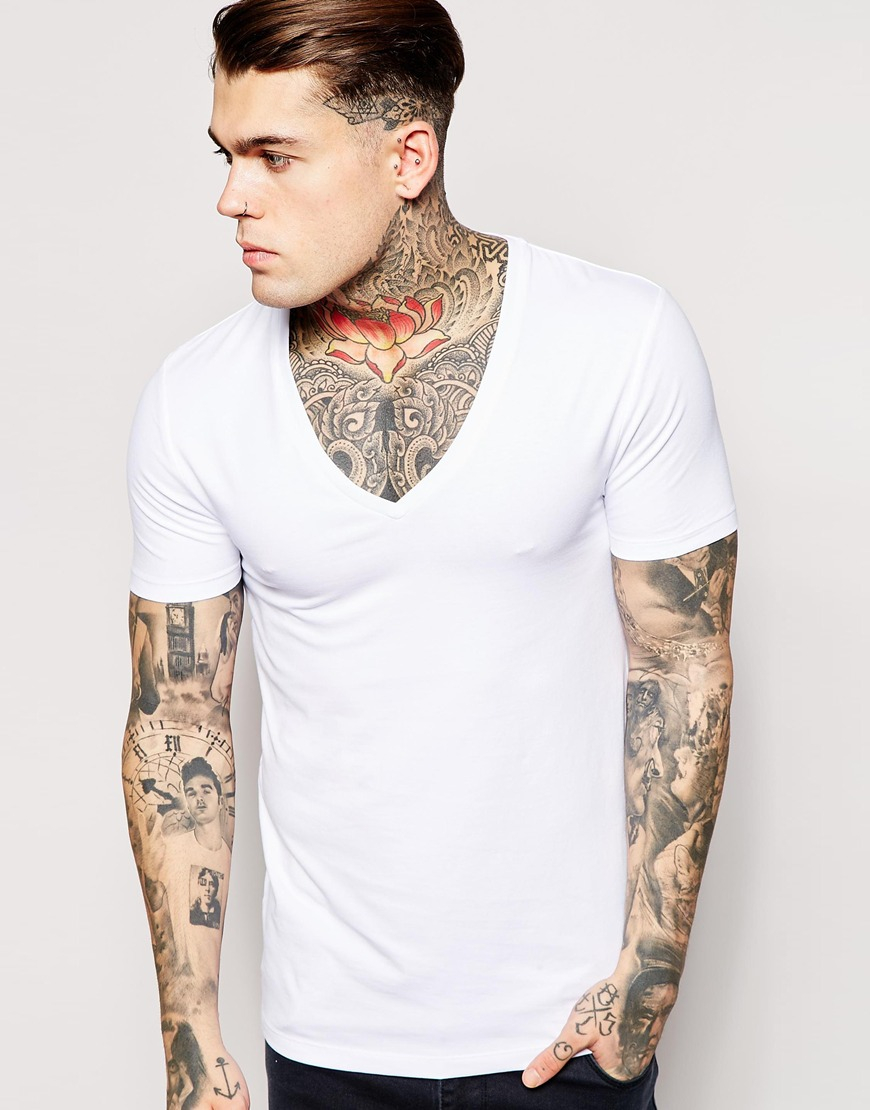 Asos Muscle Fit T-shirt With Deep V Neck And Stretch in White for Men ...