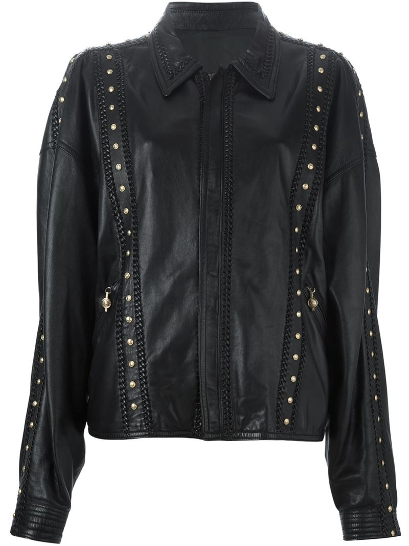 Versace Studded Leather Jacket in Black | Lyst