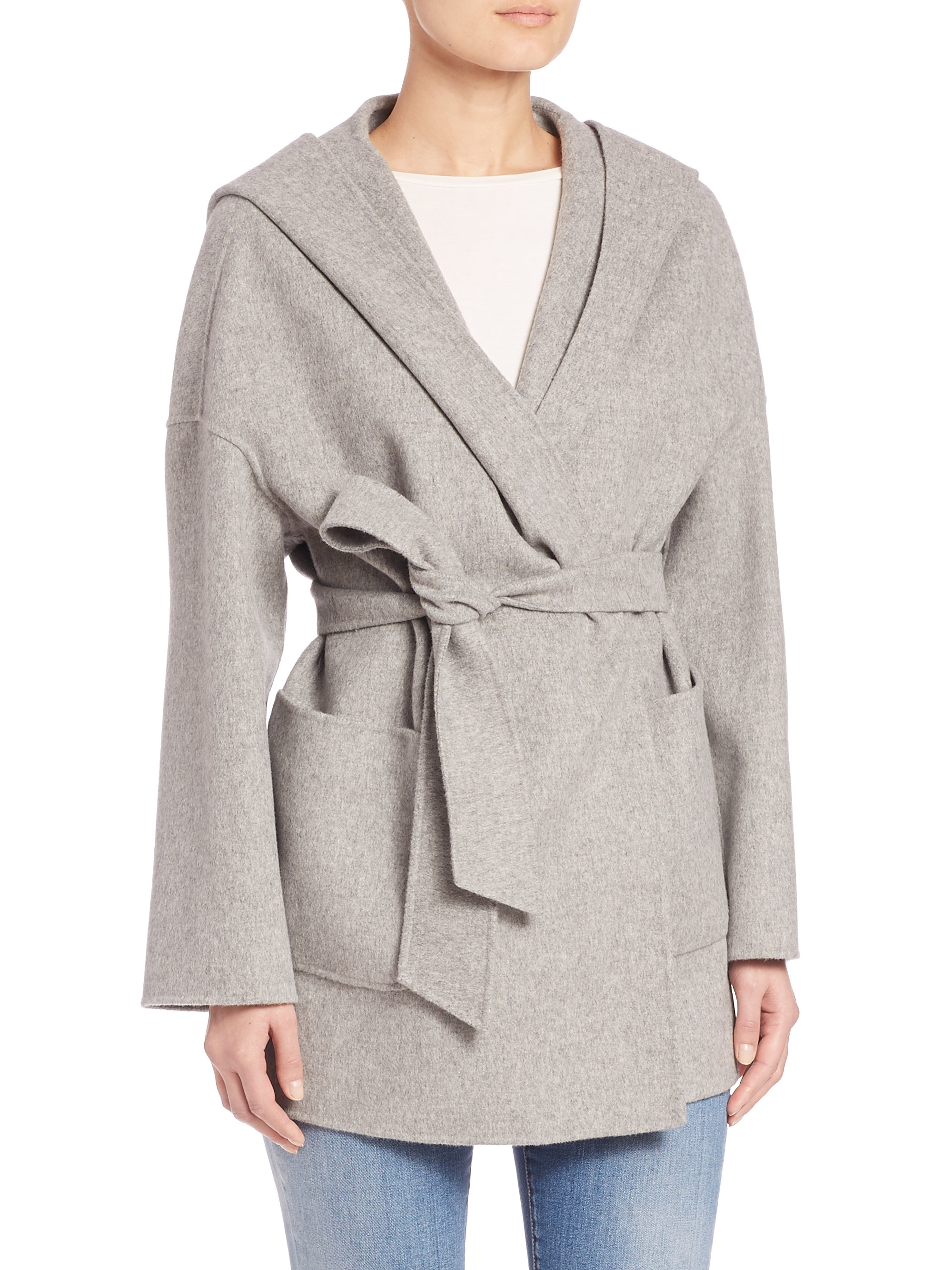Max Mara Studio Selva Short Virgin Wool Wrap Coat in Light Grey (Gray) -  Lyst