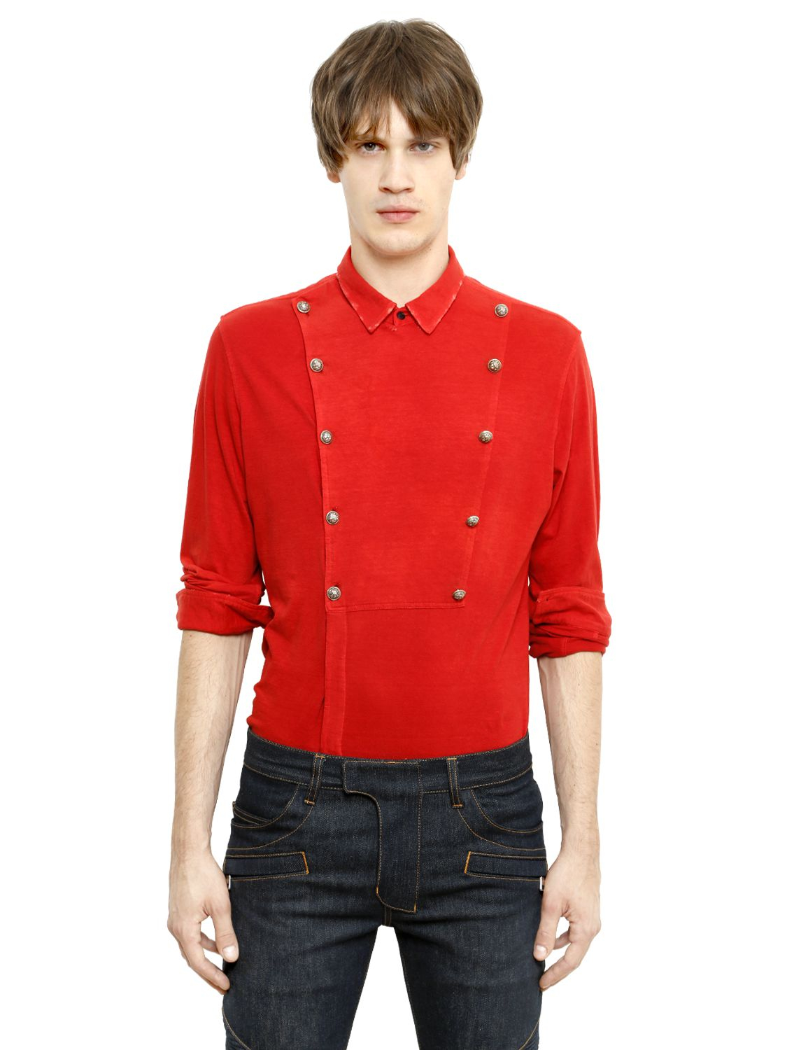 Balmain Double Breasted Cotton Jersey Shirt in Red for Men Lyst