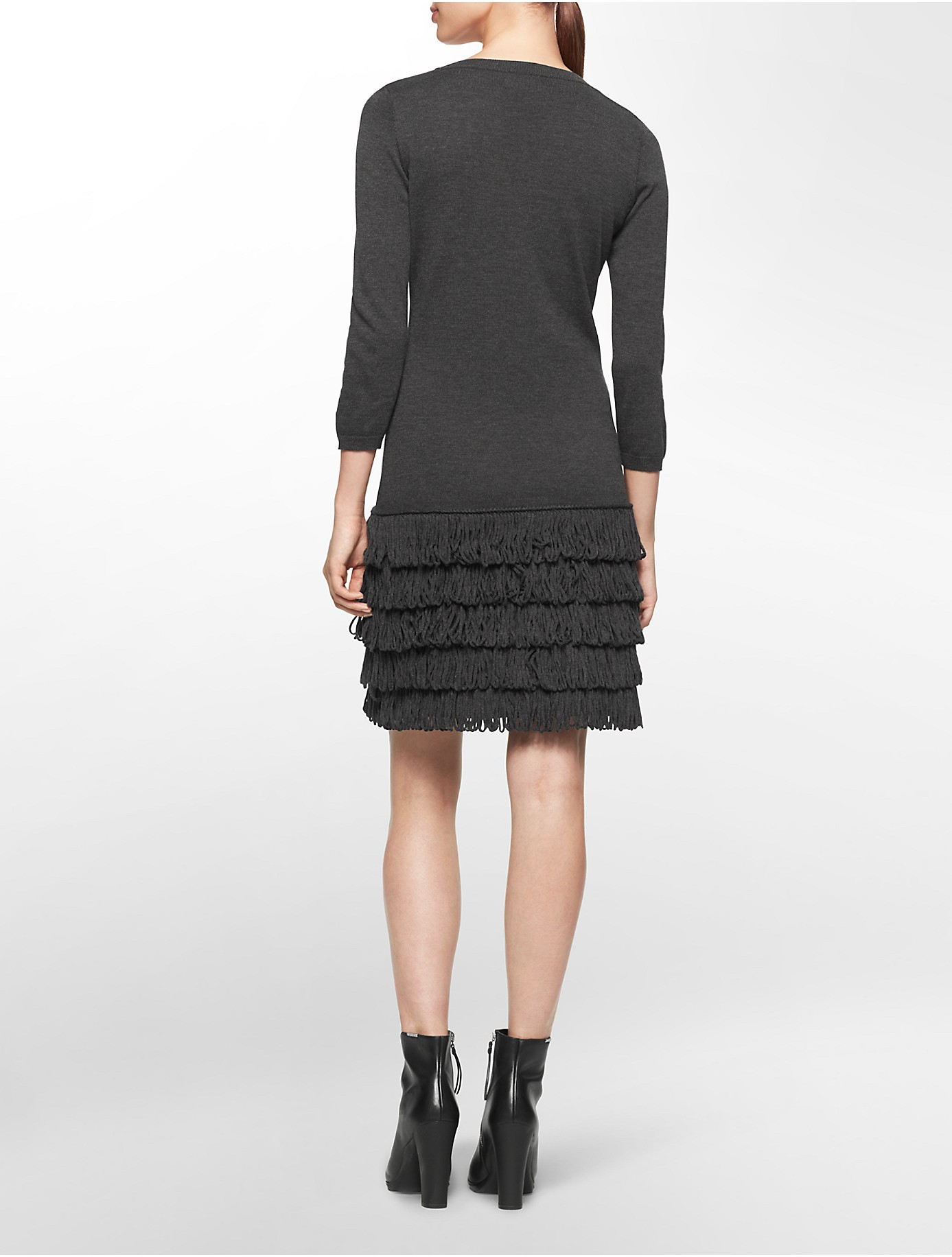 Calvin Klein White Label Fringe Hem 3/4 Sleeve Sweater Dress in Charcoal ( Grey) - Lyst