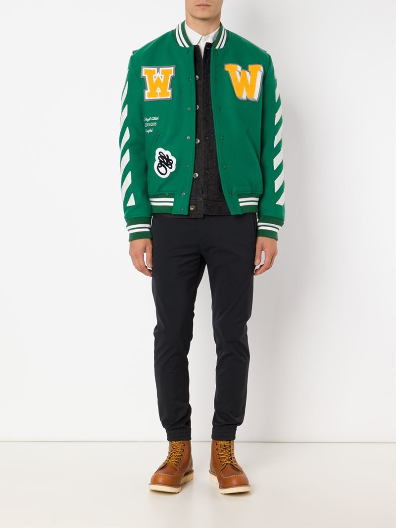 Off-White c/o Virgil Abloh Letterman Wool-blend Varsity Jacket in Green for  Men