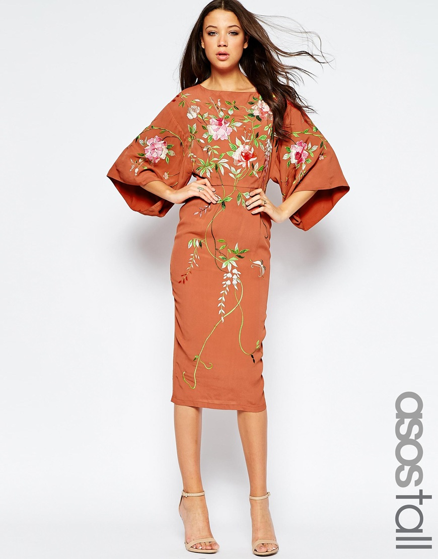 En eller anden måde Isolere klik ASOS Tall Kimono Midi Dress With Embroidery in Red | Lyst