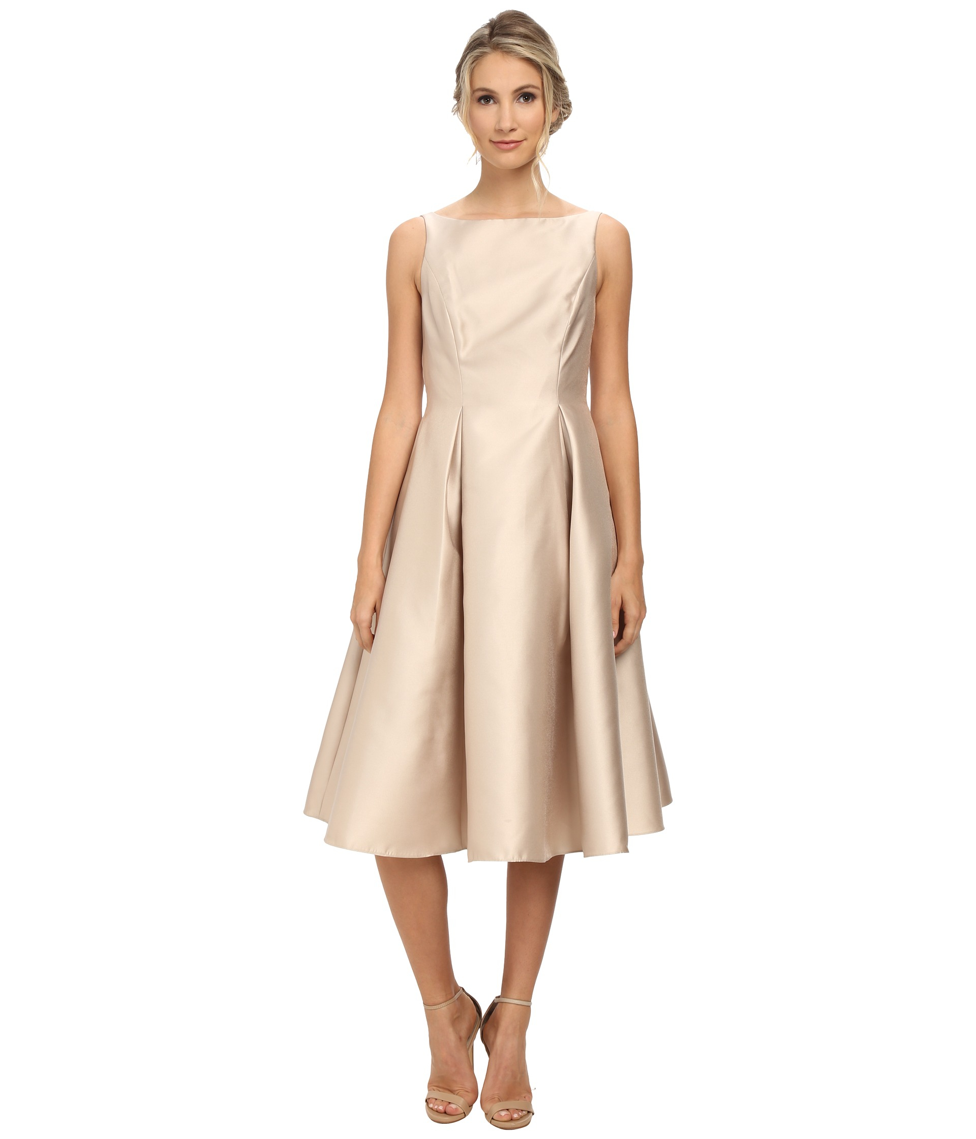 Adrianna Papell Satin Sleeveless Tea Length Dress in Champagne (Metallic) |  Lyst