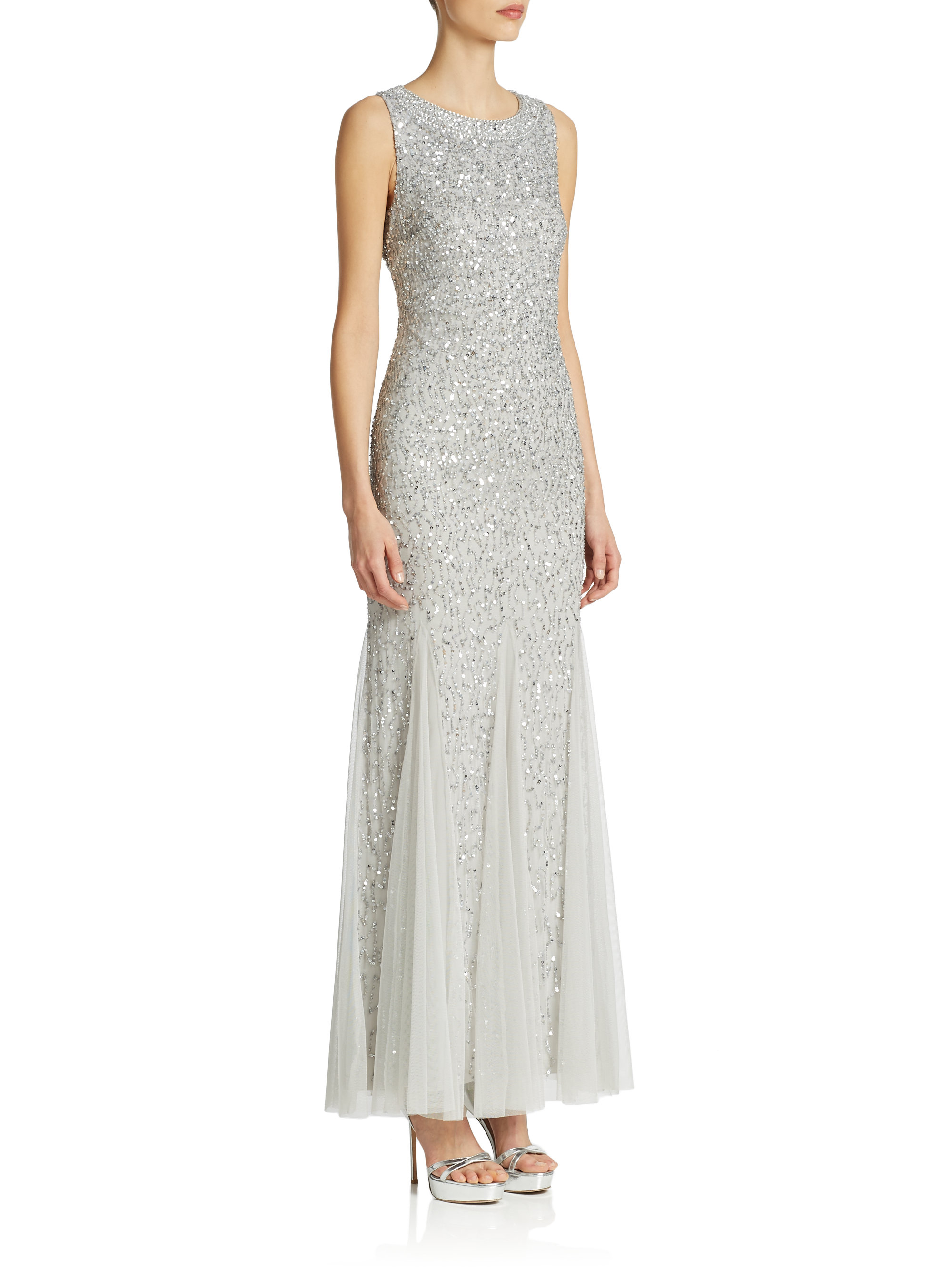 Aidan Mattox Sequined Godet Gown in Silver (Metallic) - Lyst