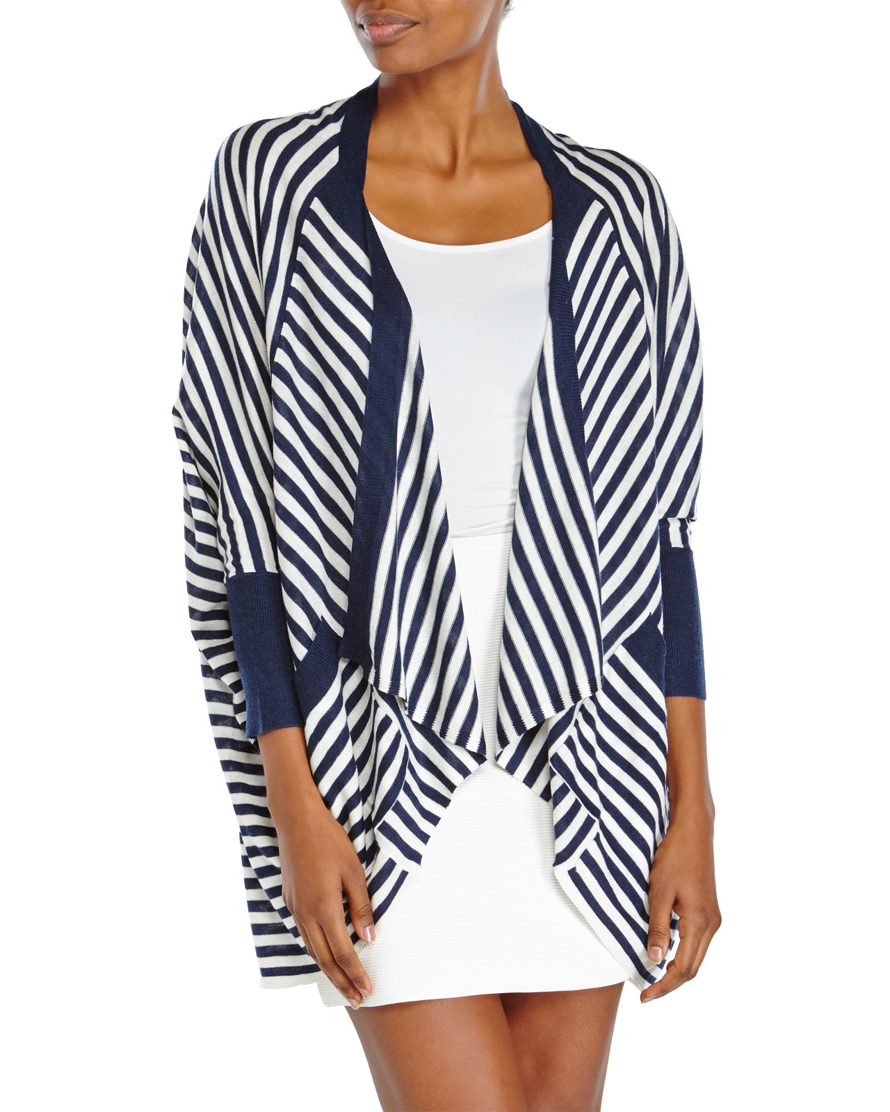 Splendid Navy & White Stripe Drape Front Knit Cardigan in Blue (Navy