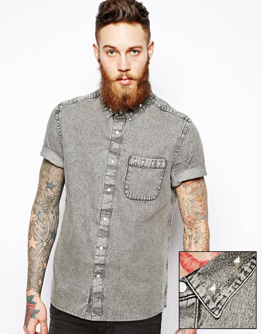mens black denim shirt short sleeve