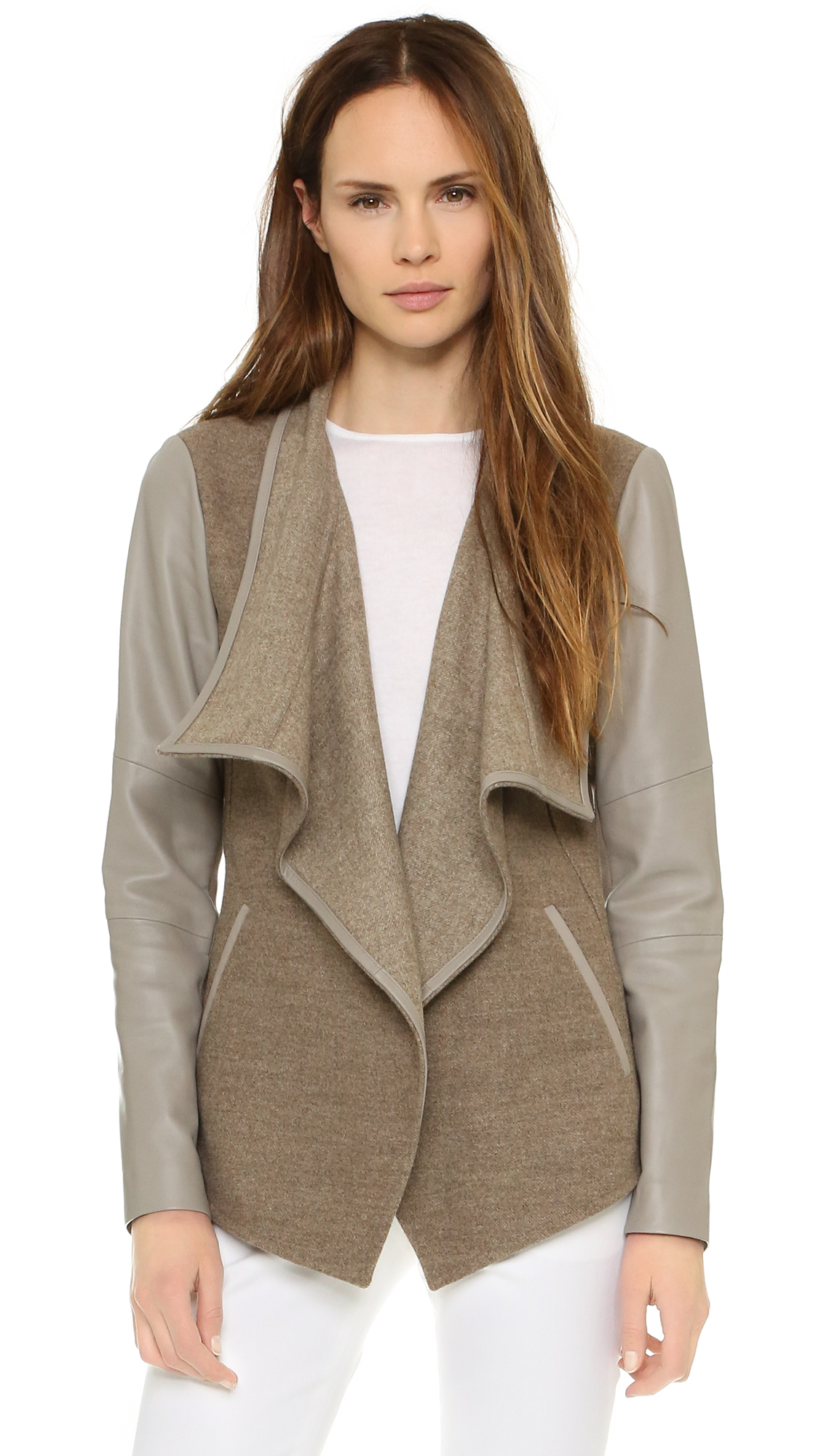 Vince Leather Trim Drape Neck Jacket In Natural Lyst