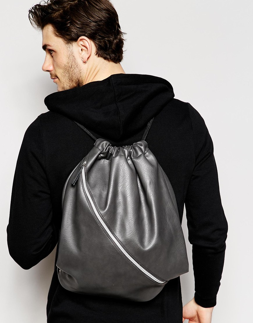 ASOS Drawstring Backpack In Gray Faux Leather for Men | Lyst