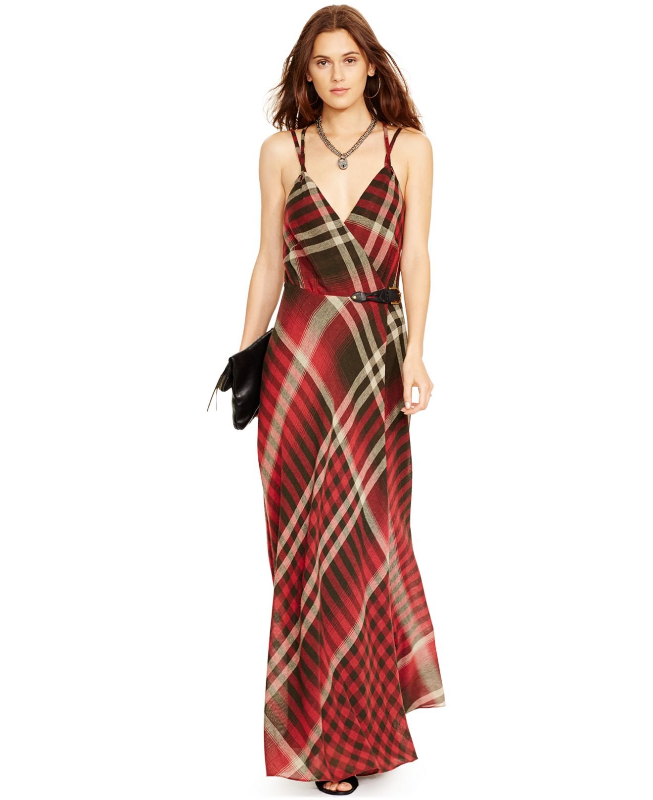 Polo Ralph Lauren Plaid Wrap Maxi Dress in Red/Black (Red) | Lyst