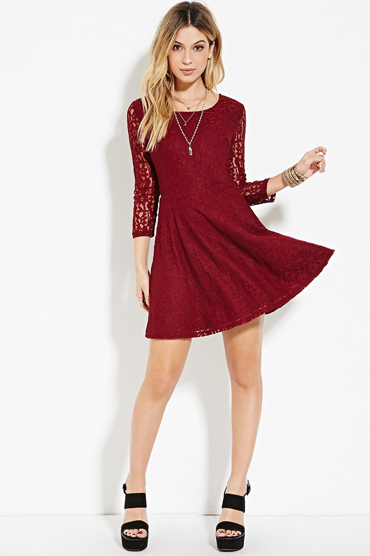 burgundy fit and flare dress