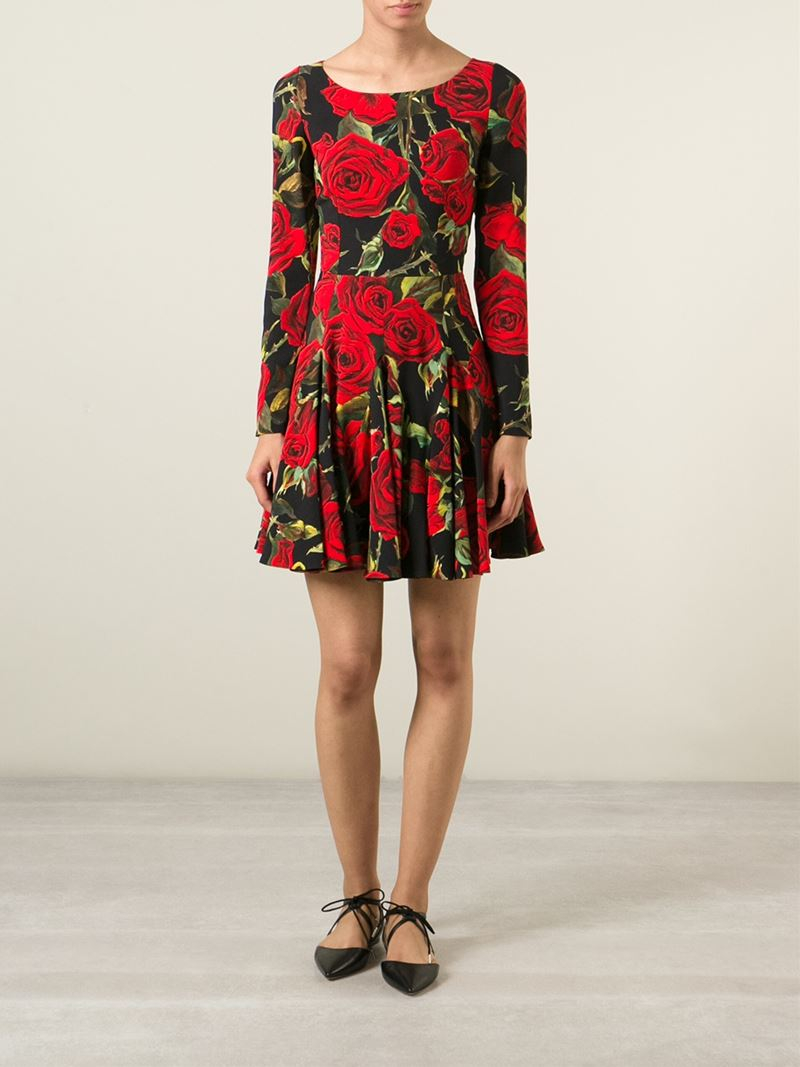 Dolce & Gabbana Rose Print Dress in Black (Red) | Lyst