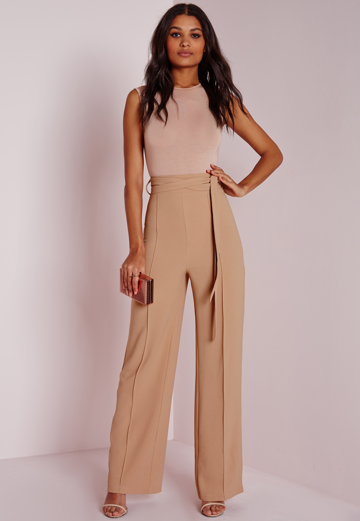 Missguided Petite Tie Waist Crepe Wide Leg Pants Camel in Natural ...