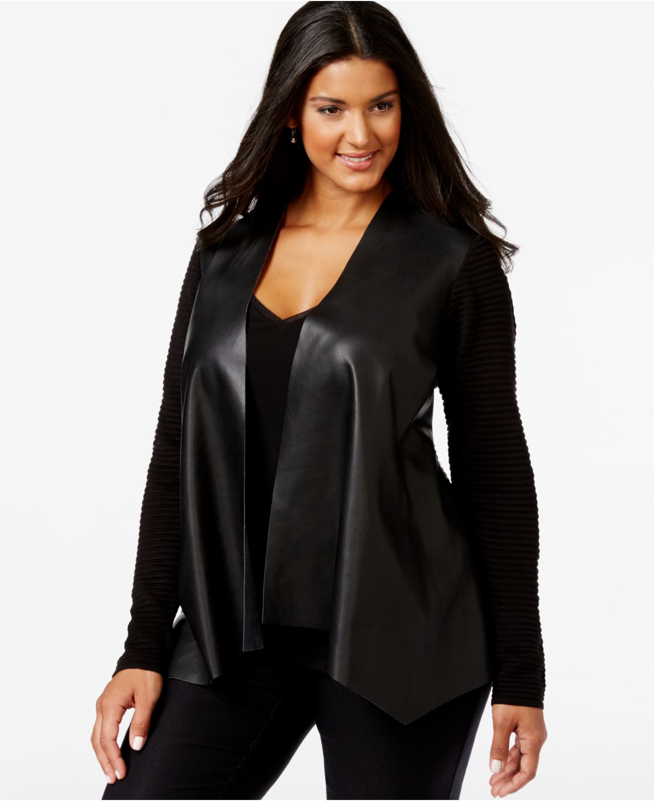 Calvin Klein Plus Size Faux-leather Drape-front Rib-knit Cardigan in Black  - Lyst