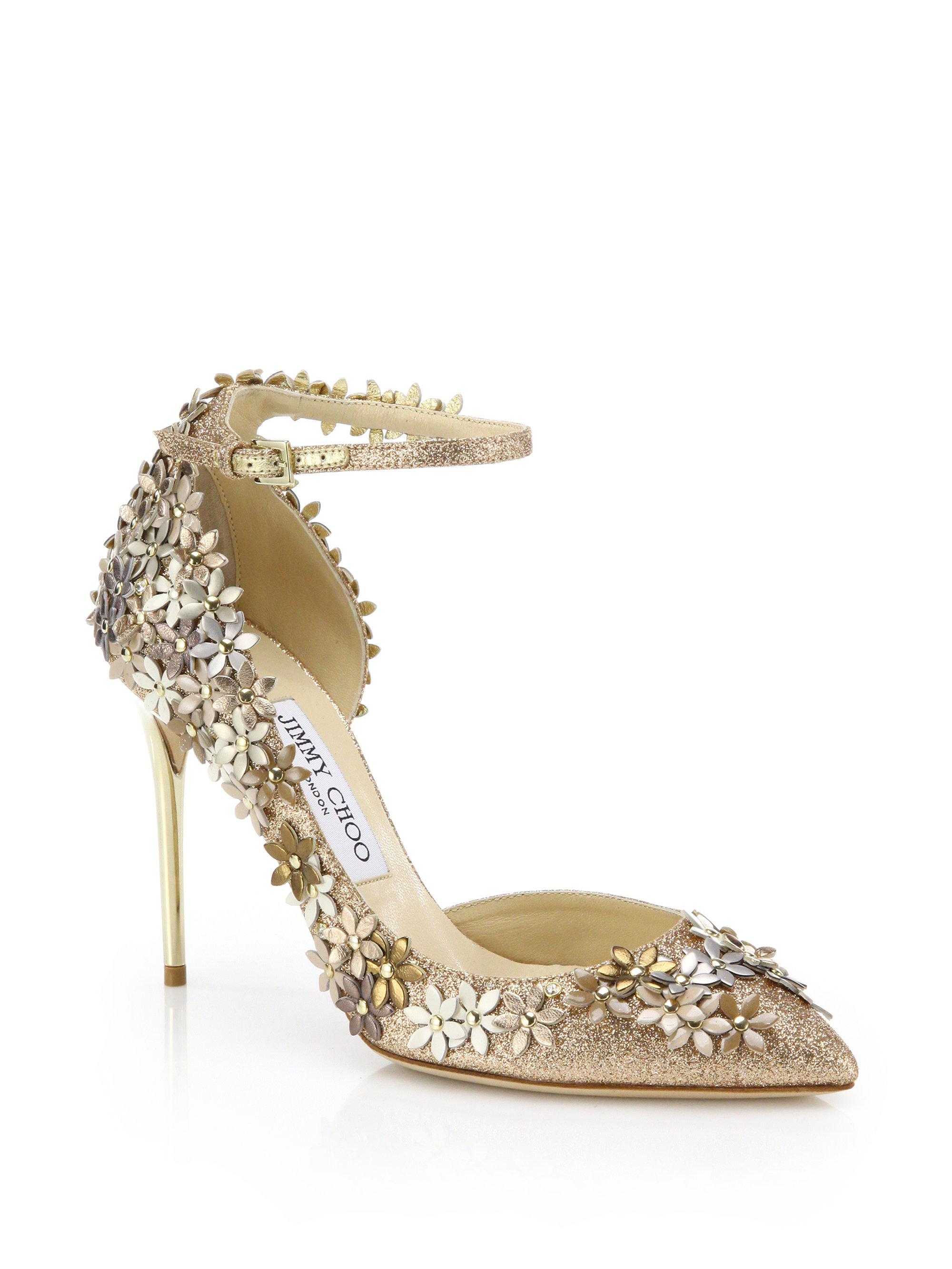 Lyst - Jimmy Choo Lorelai 100 Floral Glittered Leather Ankle-strap ...