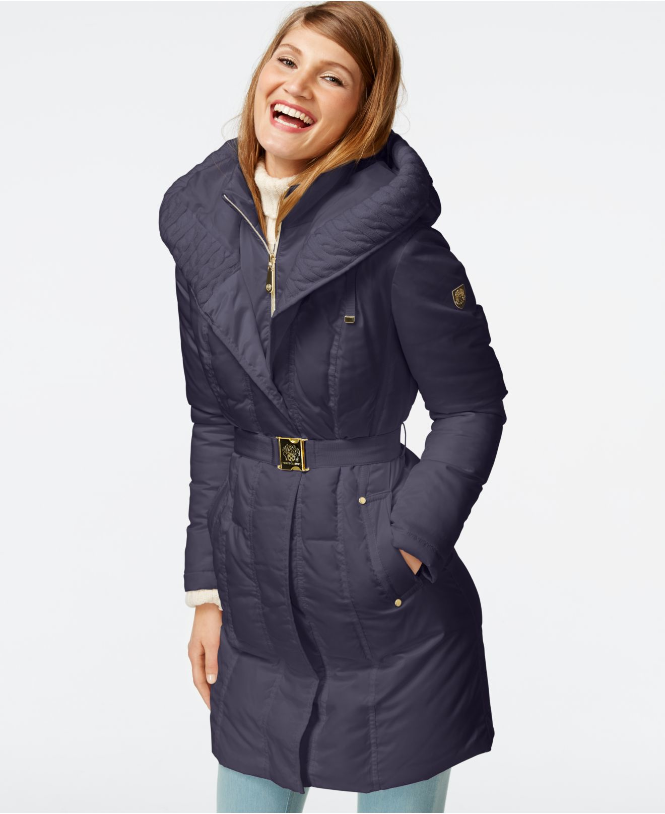 Vince Camuto Cableknittrim Down Puffer Coat in Zinc (Blue) Lyst
