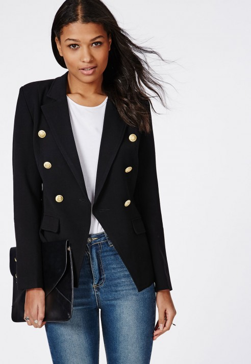 Missguided Woven Gold Button Tailored Blazer Black in Black | Lyst