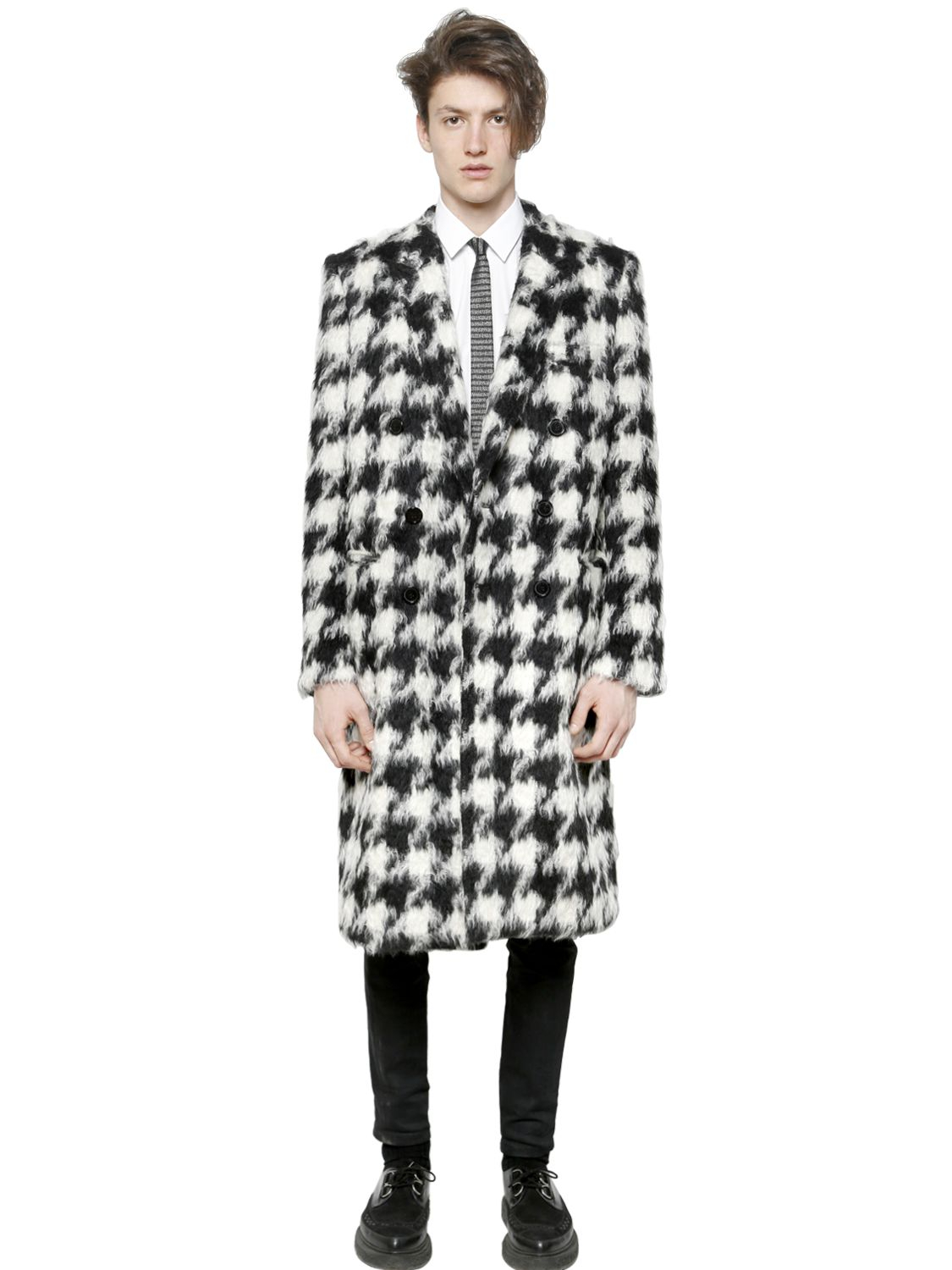 Lyst - Saint Laurent Houndstooth Wool Blend Coat in Black for Men