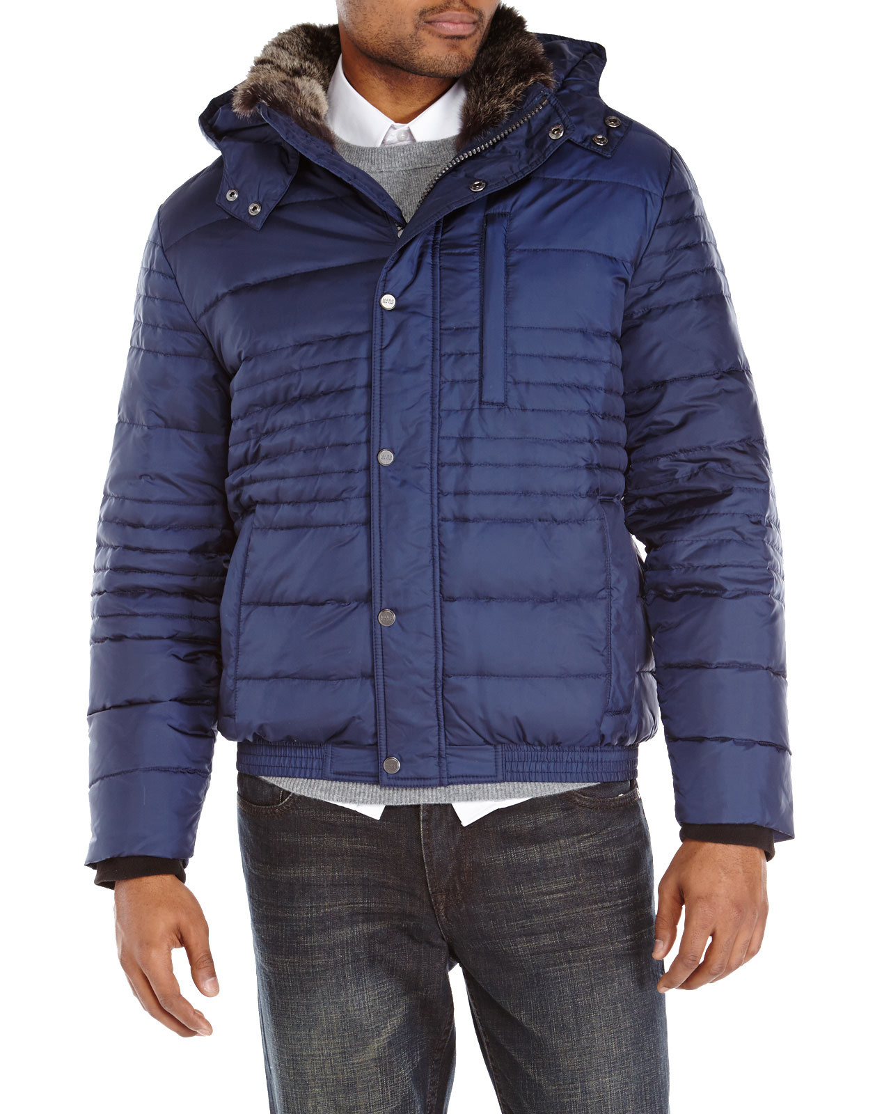Marc new york Quilted Real Fur Trim Hooded Down Coat in Blue for Men | Lyst