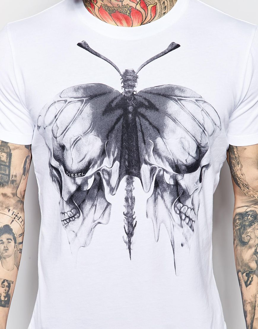 DIESEL T-Shirt T-Aikos Butterfly Skull Print in White for Men | Lyst