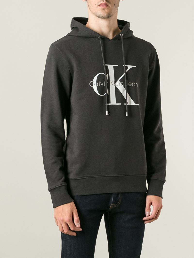 Calvin Klein Logo-Print Cotton Hoodie in Black for Men - Lyst