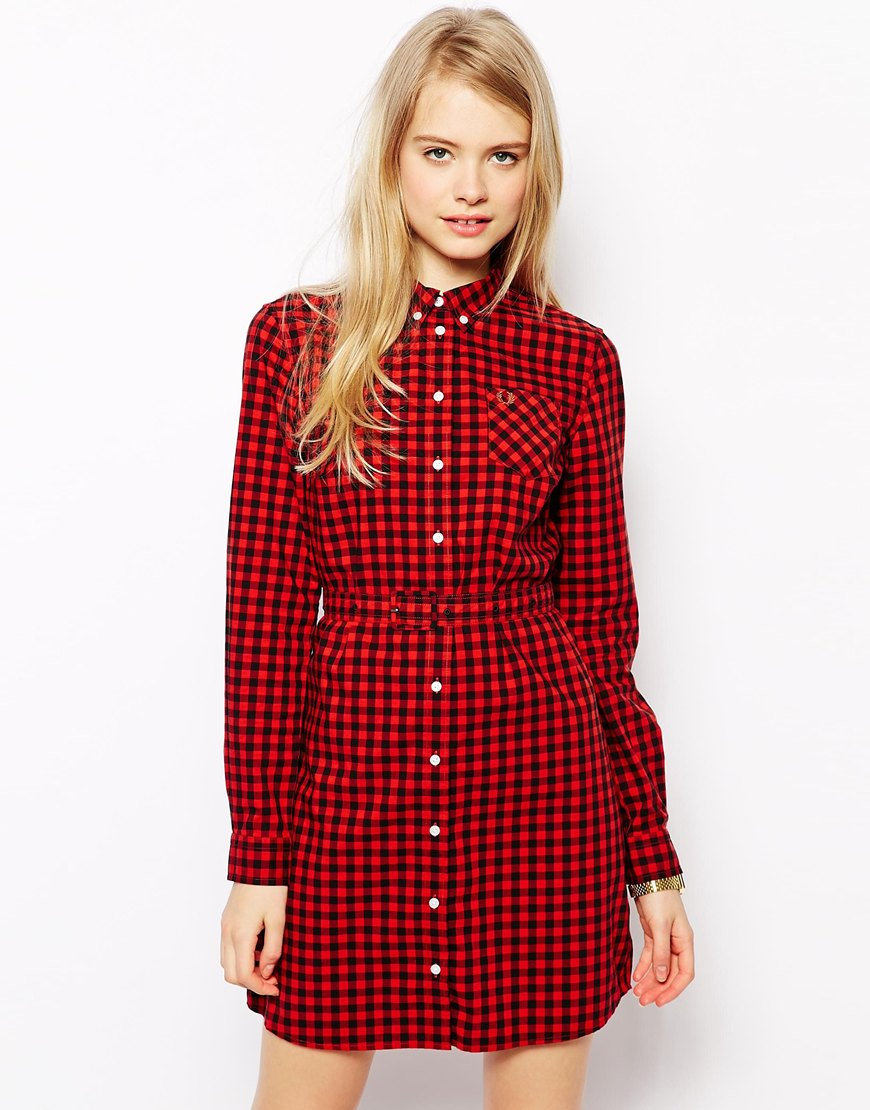 Fred Perry Gingham Shirt Dress in Red - Lyst