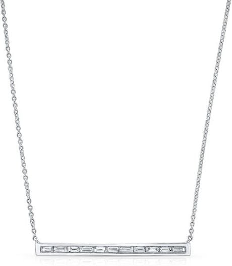 ... Sisteron 14Kt White Gold Diamond Baguette Thin Bar Necklace in Silver