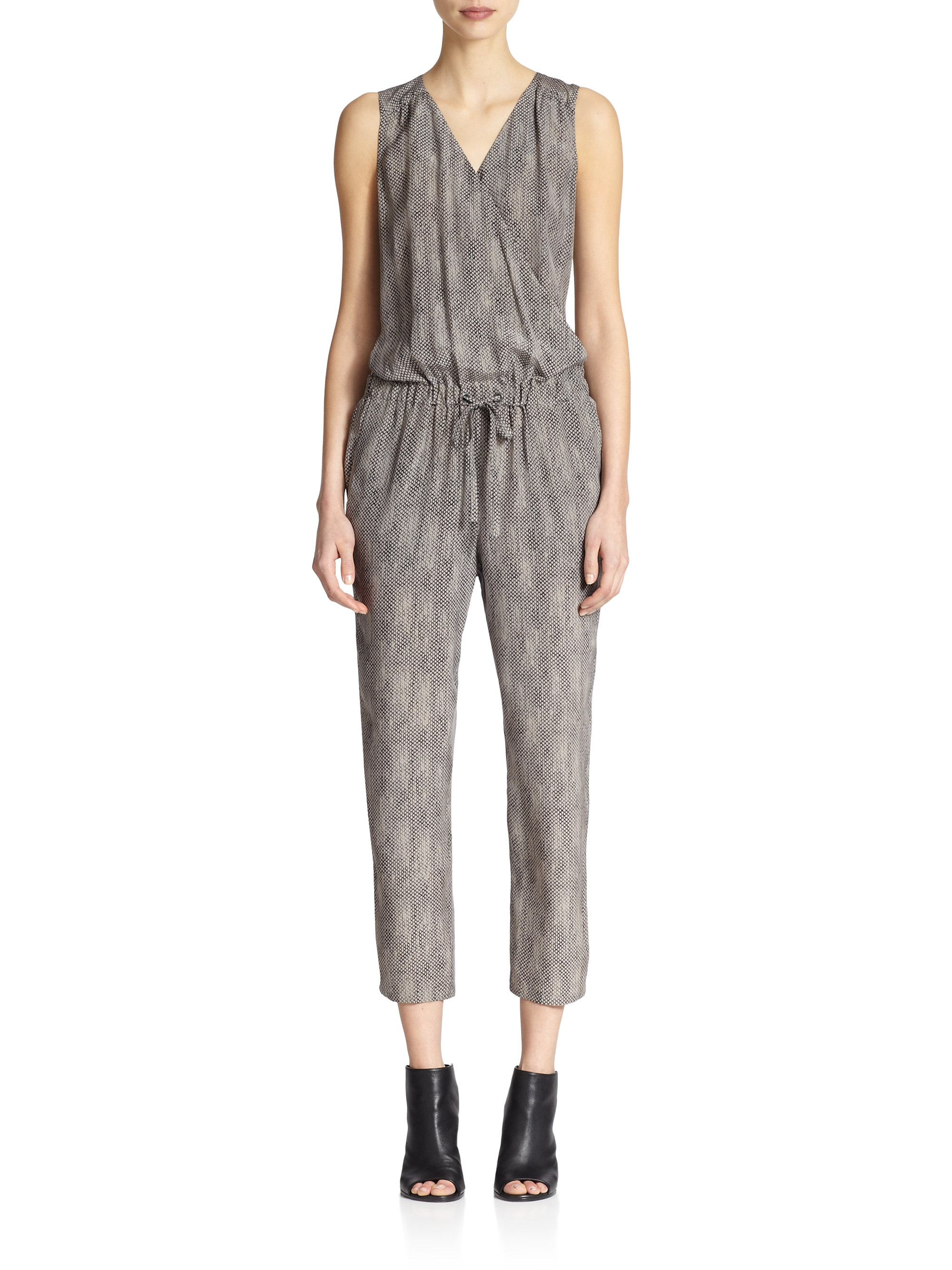 Eileen Fisher Silk Printed Cropped Jumpsuit in Gray (STONE
