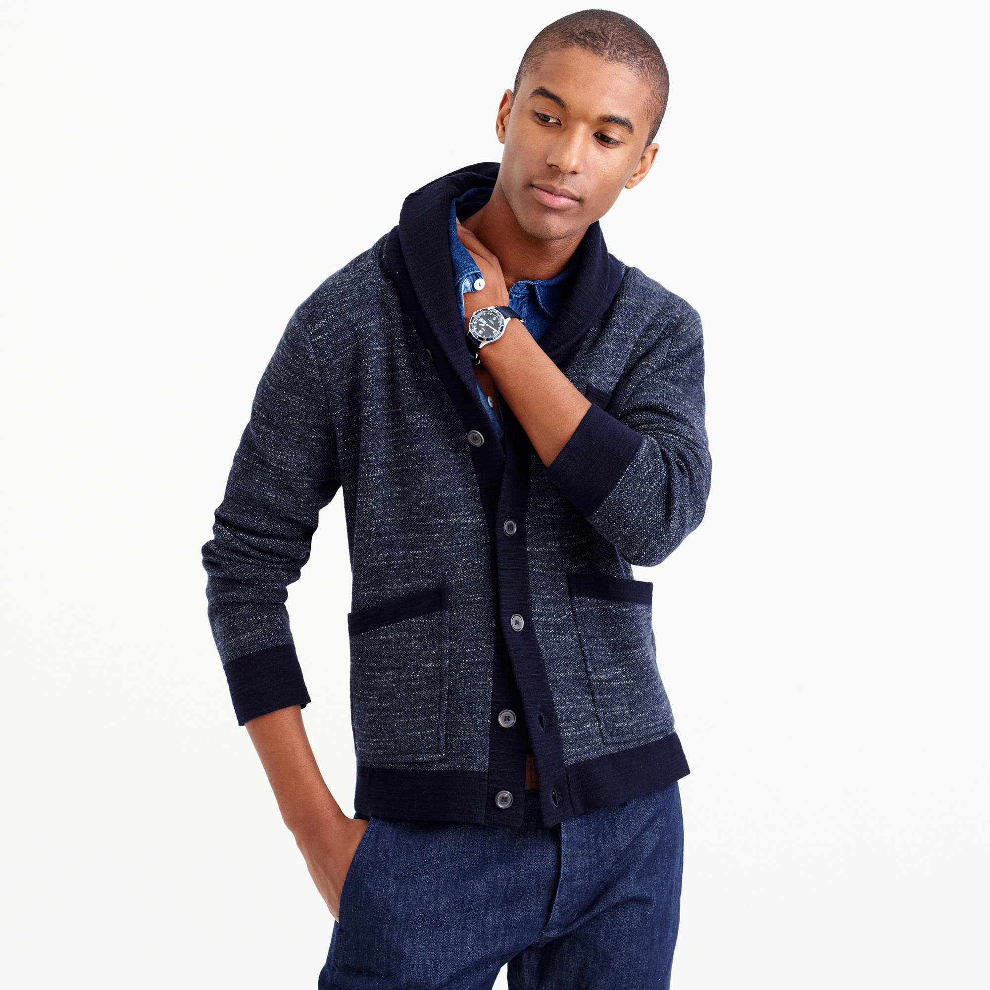 navy blue shawl collar sweater