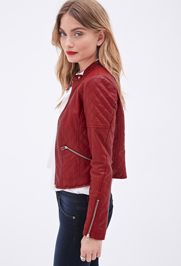 Lyst Forever 21 Quilted Faux Leather Jacket In Red Gallery